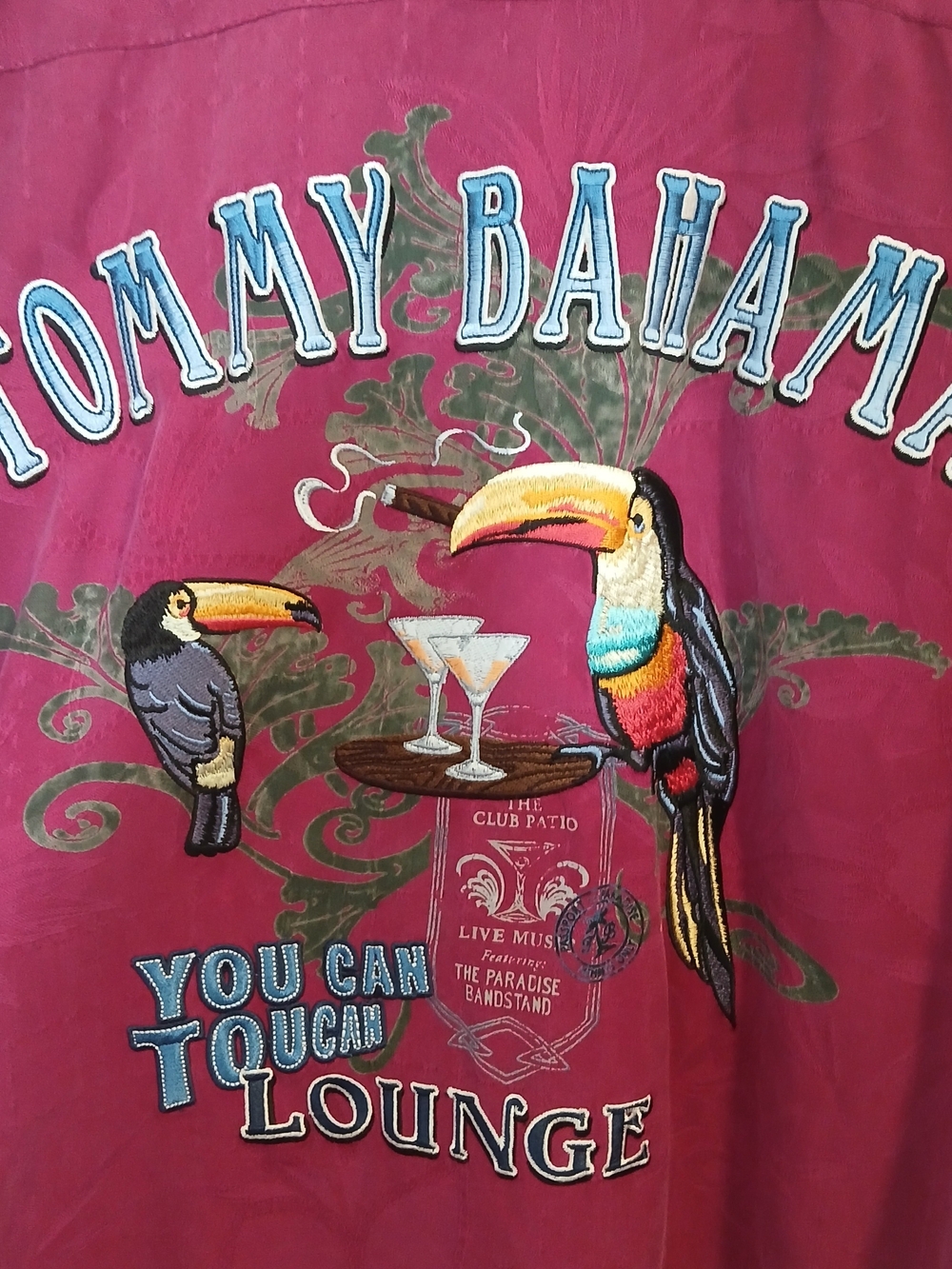 Tommy Bahama XL Deep Rose Silk Shirt with Toucan Embroidery